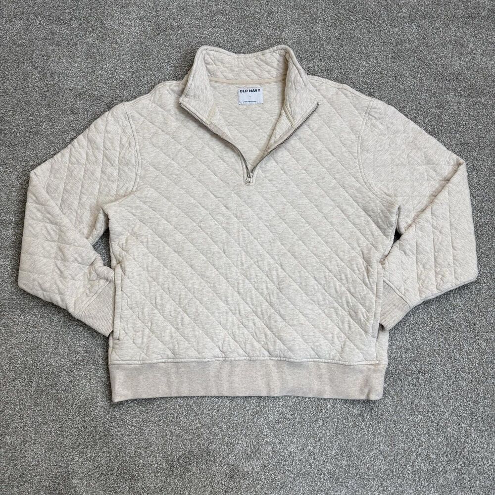 Old Navy Sweatshirt Womens Large Beige Quilted 1/4 Zip Mock Neck Knit Pullover